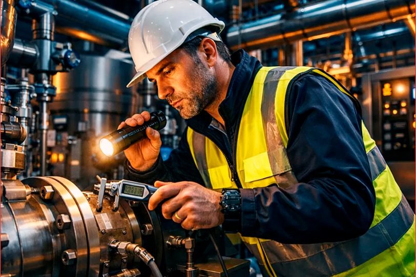 Técnico da Tecnisolve a inspecionar equipamento industrial com lanterna e medidor