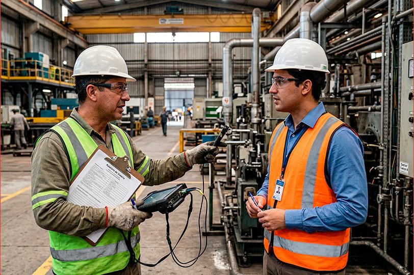 Dois técnicos a rever documentação de conformidade numa unidade industrial