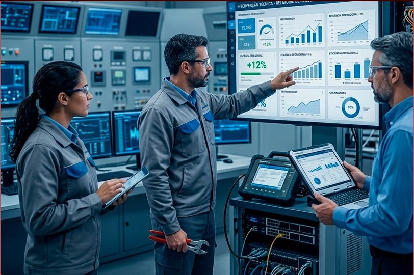 Equipa técnica a analisar indicadores de desempenho numa sala de controlo