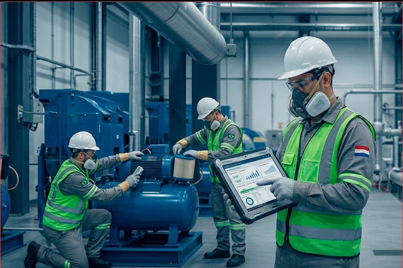 Equipa de manutenção a intervir num compressor industrial