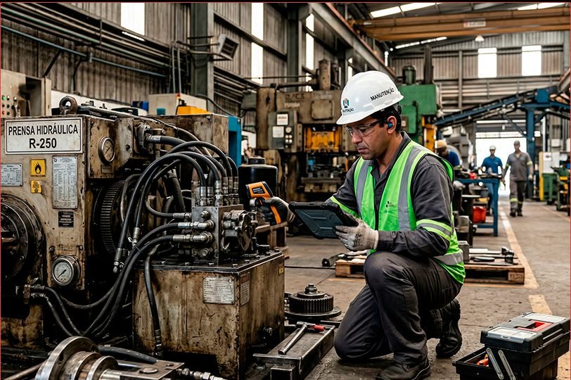 Técnico da Tecnisolve a inspecionar uma prensa hidráulica numa unidade industrial