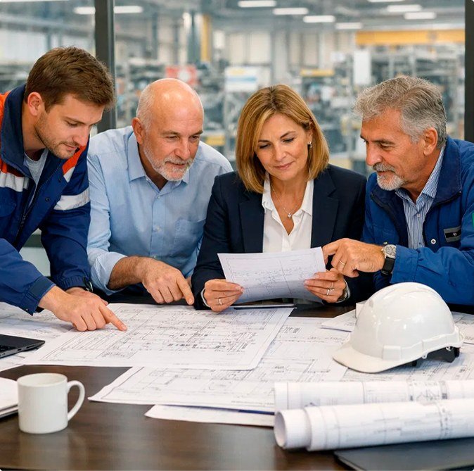 Equipa técnica da Tecnisolve a analisar desenhos de projeto numa unidade fabril