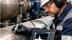 Ensaio não destrutivo por ultrassons numa tubagem industrial